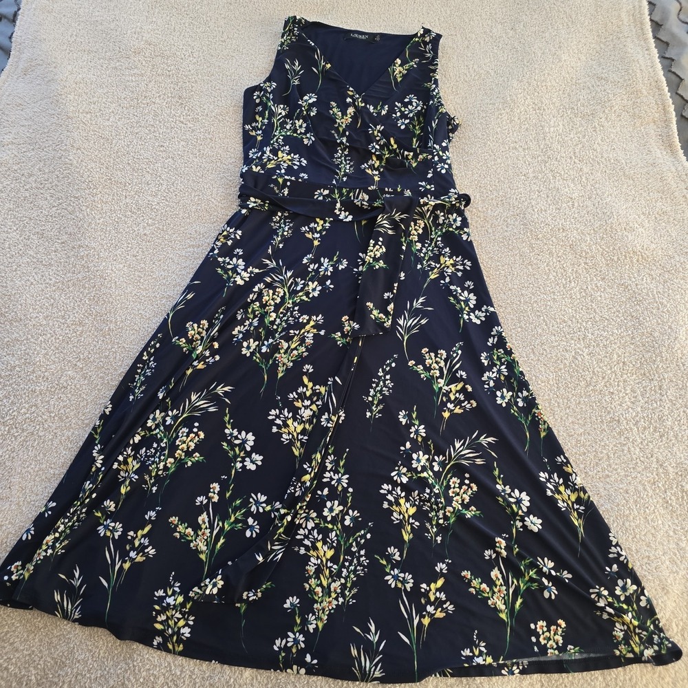Lauren Ralph Lauren Midi Wrap Dress Blue Floral Pernille Faux Knit Womens Size14